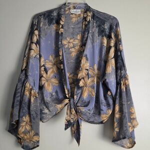 Kantha Bae Floral Tie Front Bell Sleeve Wrap Top Dusty Blue Tan Boho Festival OS